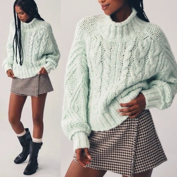 Anthropologie Fisherman Sweater Chunky Knit Sweater Light Green size XL - Picture 1 of 5